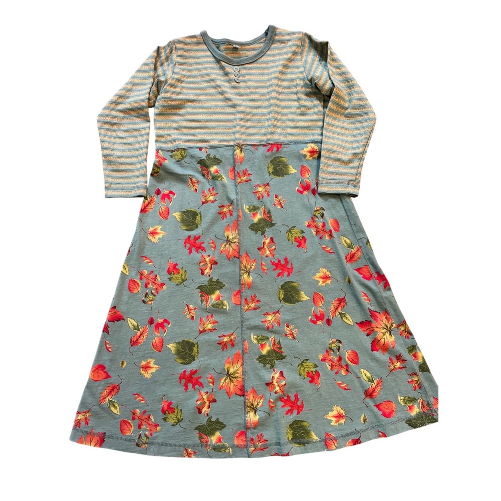 Soup Kids Girls Teal Orange Autumn Leaf Print Striped Knit Dress Size M Long Slv